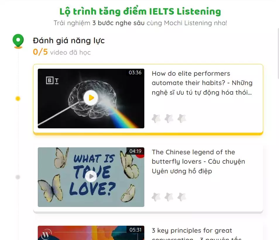 Mochi Listening cung cấp lộ trình học qua video cụ thể
